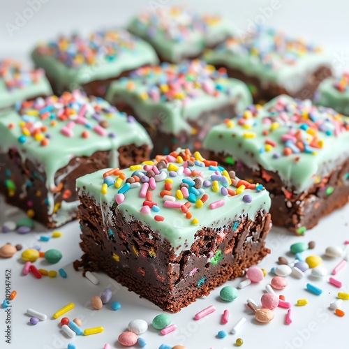 A vibrant display of brownies topped with mint green icing and colorful confetti, isolated on a white background