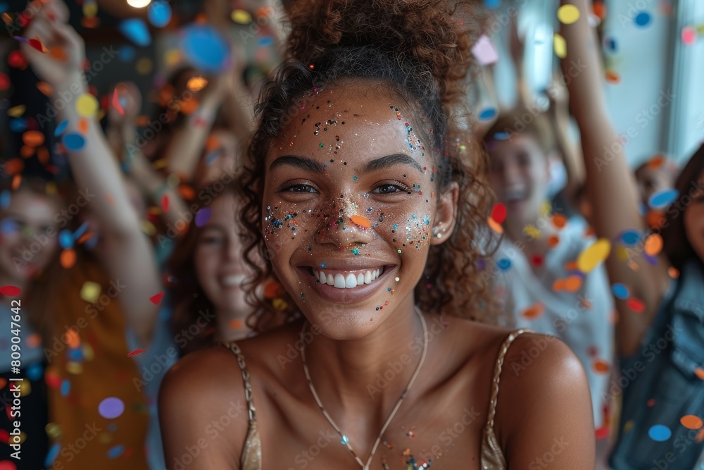 A smiling woman surrounded by falling confetti and glitter, conveying a sense of festivity and happiness A smiling woman surrounded by falling confetti and glitter, conveying a sense of festivity and happiness