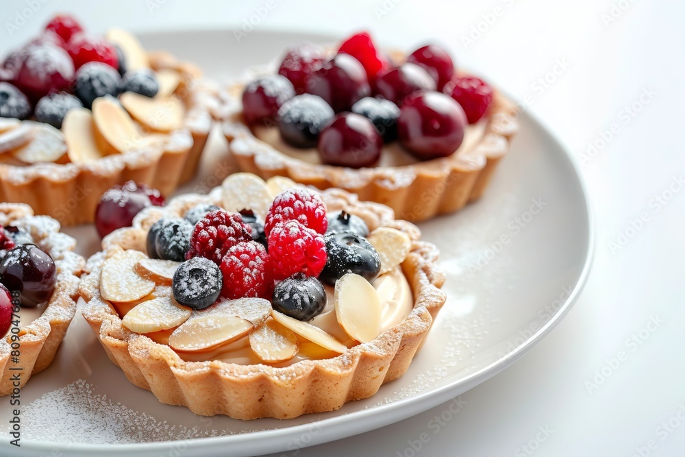 Delicate Almond Cream Fruit Tartelettes with Fresh Berries and Sliced Almonds Delicate Almond Cream Fruit Tartelettes with Fresh Berries and Sliced Almonds