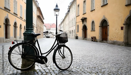 A bicycle leaning against a lamp post on a cobbles upscaled 2