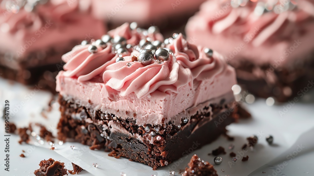 Brownies with layers of pink velvet frosting and silver edible beads, a luxurious treat on a white canvas Brownies with layers of pink velvet frosting and silver edible beads, a luxurious treat on a white canvas