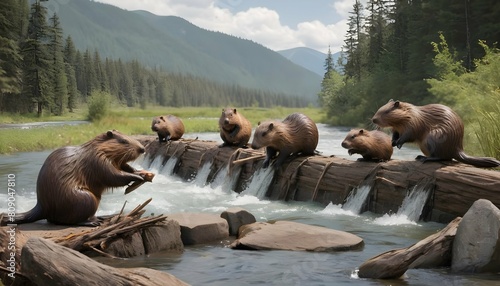 A family of beavers building a dam in a fast flowi upscaled 4