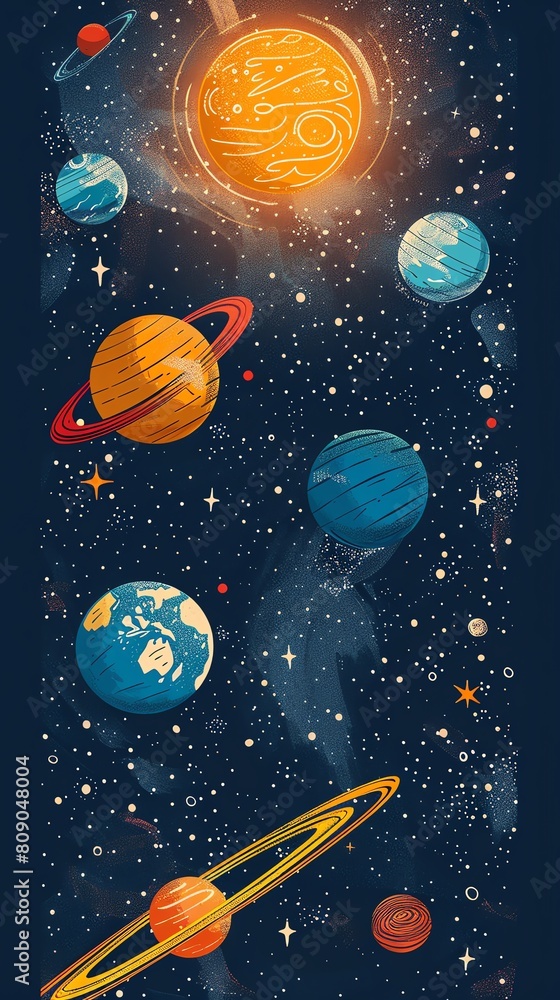 Naklejka premium A galaxy of Astronomy, Minimalist cartoon style