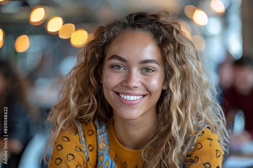A joyful young woman in a yellow sweater smiling warmly in an indoor setting A joyful young woman in a yellow sweater smiling warmly in an indoor setting