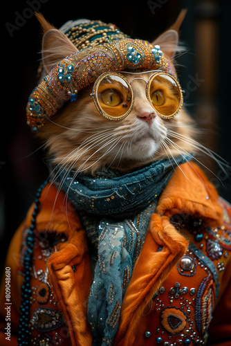 The Profile of A Cat Dressed in Extravagant, Overly Ornate Attire Against A Single-Color Background © MerveK