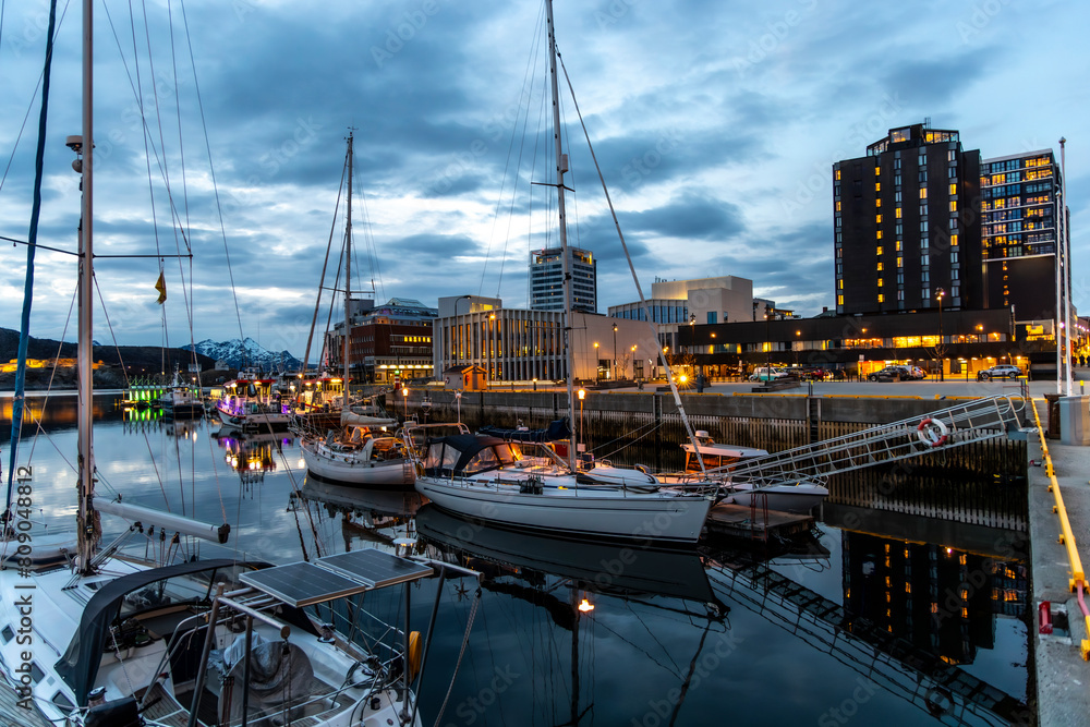 Evening shot in the harbor of the town of Bodo in the Norwegian municipality of the same name, Bodø in the province of Nordland, Norway