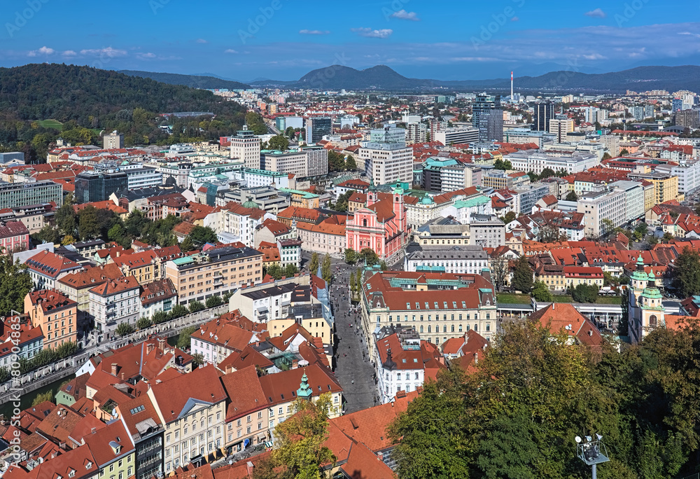 Ljubljana, Slovenia. High angle view over the central and north-west parts of the city with Franciscan Church of the Annunciation in the centre of the image.