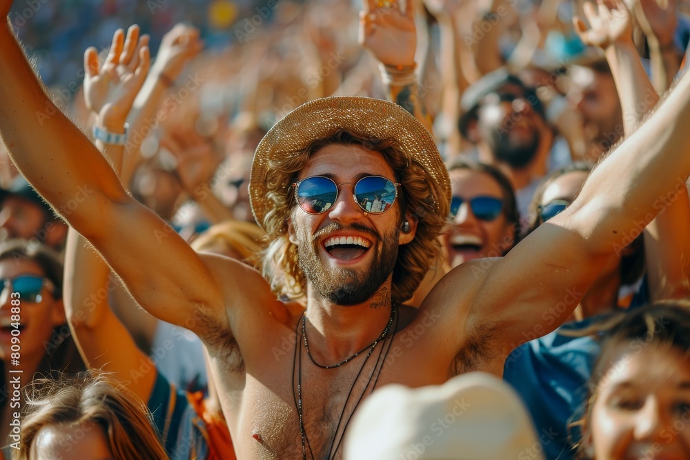 Man with sunglasses and straw hat enjoying himself at a music festival, arms raised
