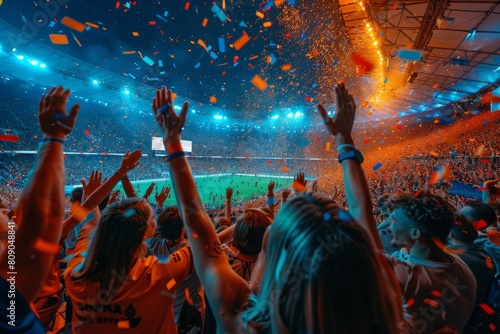 Sports fans cheer as confetti rains down in a stadium, capturing the triumph and vibrant atmosphere