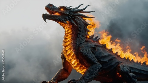 A dragon breathing fire isolated on transparent background.