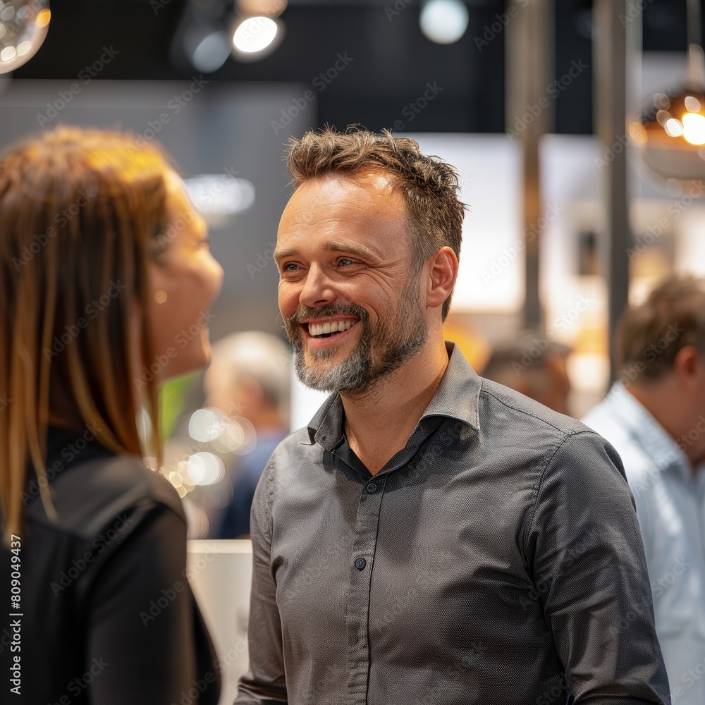 Obraz premium Joyful business professionals engage in lively conversation and laughter as they stand in front of their booth, exuding camaraderie and enthusiasm amidst the exhibition.
