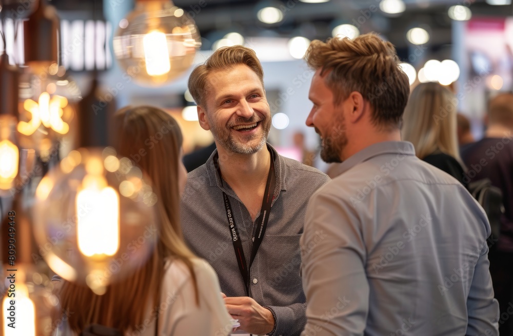 Joyful business professionals engage in lively conversation and laughter as they stand in front of their booth, exuding camaraderie and enthusiasm amidst the exhibition. Joyful business professionals engage in lively conversation and laughter as they stand in front of their booth, exuding camaraderie and enthusiasm amidst the exhibition.