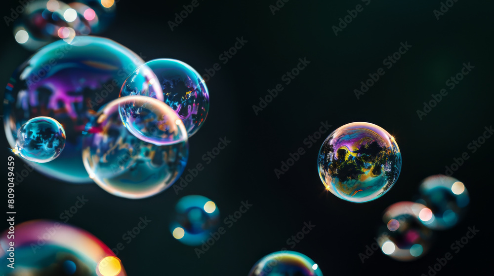 Colorful soap bubbles floating in dark ambiance Colorful soap bubbles floating in dark ambiance