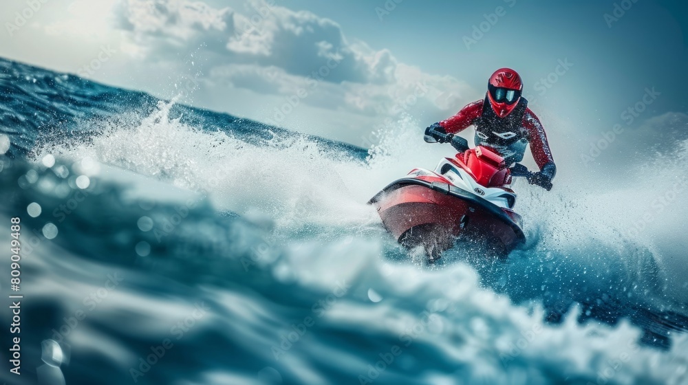 A man is skillfully riding a jet ski on top of a wave, creating a thrilling and dynamic water sport experience.