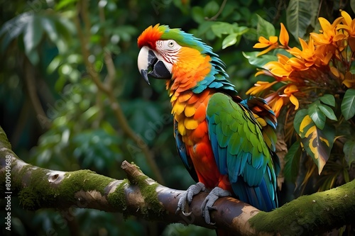 A colorful macaw perched on a branch, its vibrant feathers contrasting against the deep emerald leaves of the Amazonian trees. © Asad