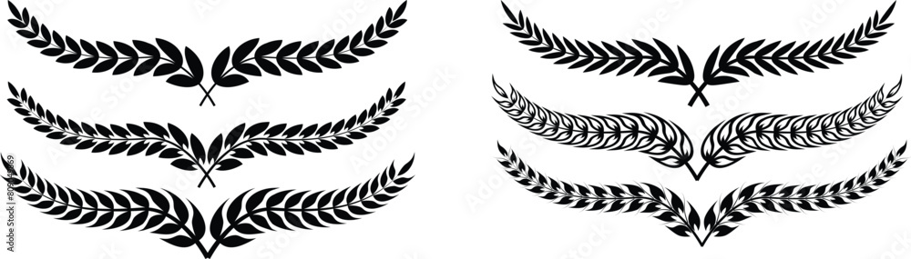 Laurel wreath in black color. Simple olive or wheat branch emblems in vector