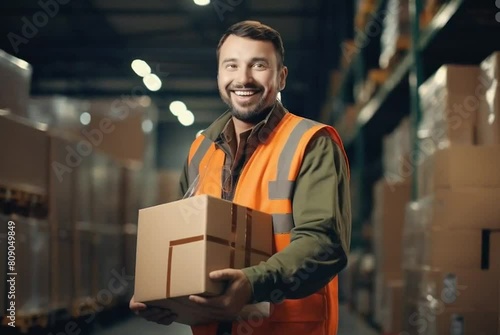 man with orange vest in warehouse holding box and a carton