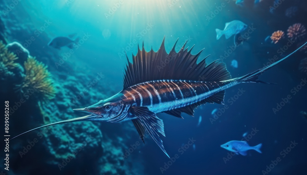 Fototapeta premium Giant Marlin fish in the ocean, beautiful view of marlin fish in the blue ocean