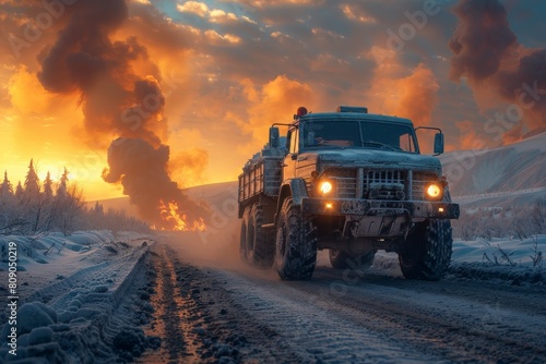 The stark contrast of a sturdy truck on a snowy path under an apocalyptic sky depicting extreme weather and the spirit of exploration