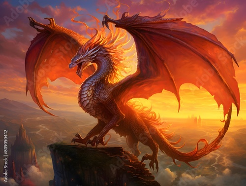 dragon flying over the clouds at sunset 3d illustration wallpaper background design © Iman