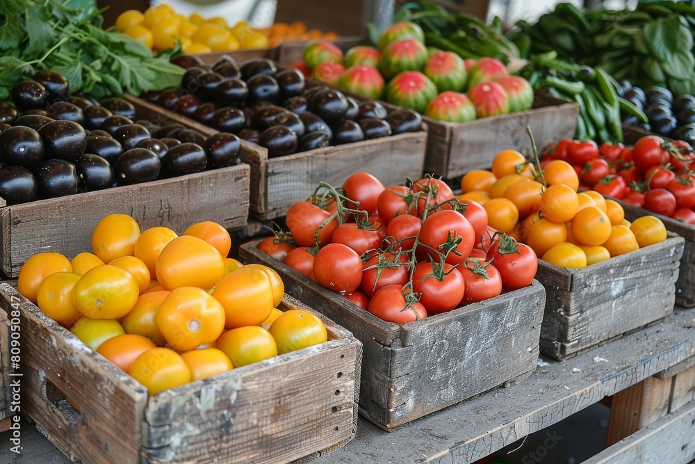 Eggplants and a variety of tomatoes on display in wooden crates at a market, highlighting local produce Eggplants and a variety of tomatoes on display in wooden crates at a market, highlighting local produce