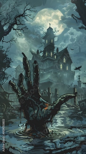 Haunting Mansion Looming in the Eerie Moonlit Swamp of the Enchanting Dark Fantasy Landscape