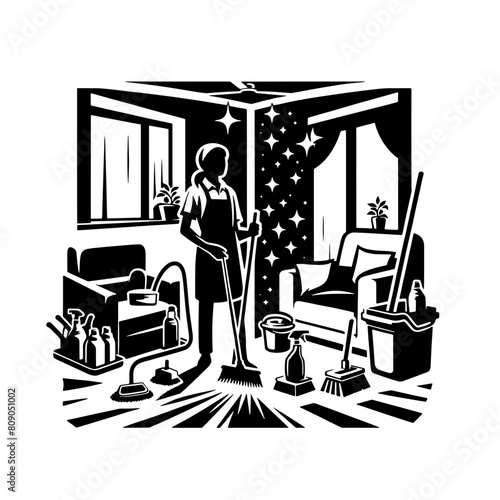 Cartoon Black and White Isolated Illustration Vector Of A Housekeeping Maid Cleaning An Apartment