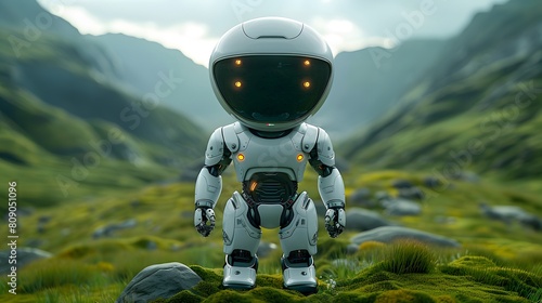 mini white robot wearing astronaut helmet and standing on green mountain grassy terrain