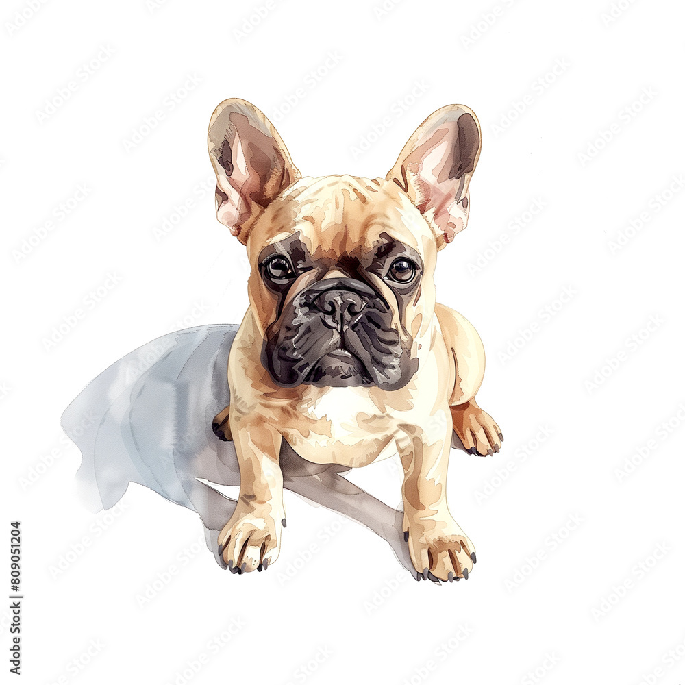 Fototapeta premium Watercolor illustration of french bulldog on white background