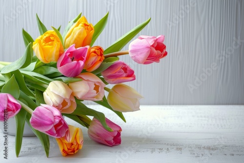 A bouquet of fresh pink tulips gracing a table in soft morning light