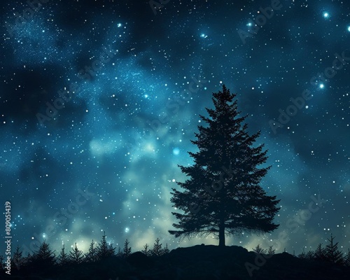 Simplistic pine tree silhouette against a starry sky, representing continual growth and aspiration © Pawankorn