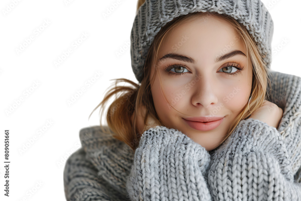 woman in christmas mittens looking away on isolated transparent background woman in christmas mittens looking away on isolated transparent background