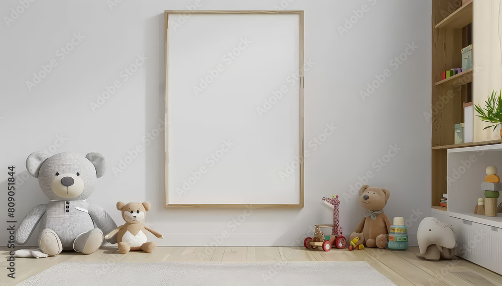 A white frame with a rabbit and a teddy bear in front of it by AI generated image A white frame with a rabbit and a teddy bear in front of it by AI generated image