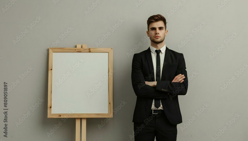 A corporate lawyer, in a black suit, stands in the office near a whiteboard with space for text A corporate lawyer, in a black suit, stands in the office near a whiteboard with space for text