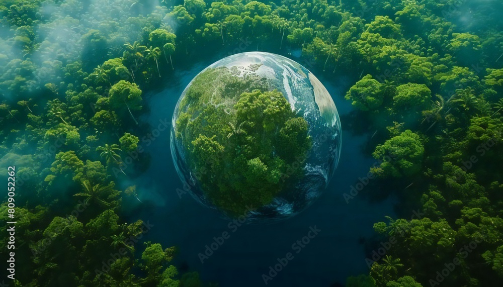 Forest canopy and globe symbolizing a thriving rainforest ecosystem and pristine environment