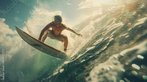 A man skillfully maneuvers a surfboard on the crest of a large wave in the ocean. photo