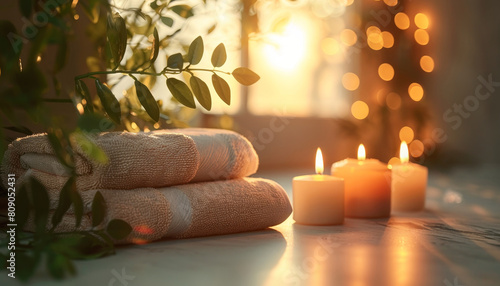 A candle set with three candles and two towels on a table by AI generated image