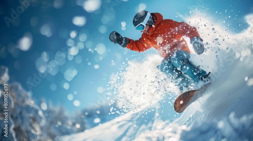 A snowboarder is riding down a snow-covered mountain. The snowboarder is wearing a red and black jacket and a blue helmet. The snowboarder is surrounded by snow. © Preeyanuch