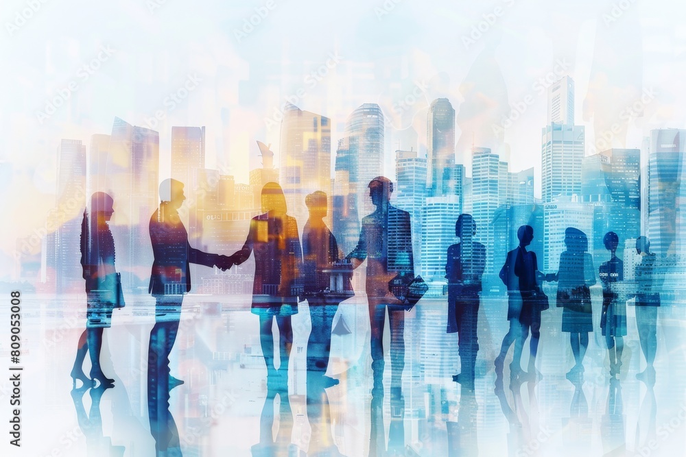 A group of business people shaking hands, in a double exposure with an urban skyline Silhouettes symbolize collaboration among various community members Generative AI