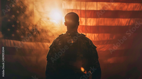 American Soldiers and Flag of USA on background. US Army. Veteran Day,generative ai photo