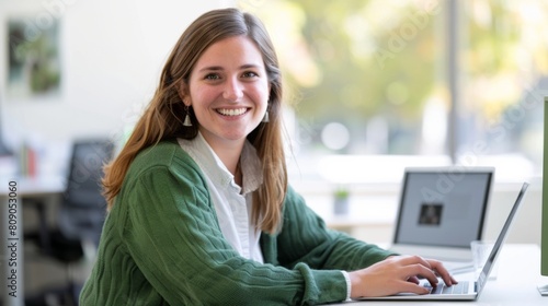 Smiling Woman at Office Desk photo
