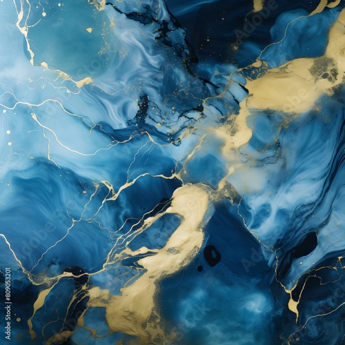 Abstract blue marble texture with gold splashes blue. Generative AI.