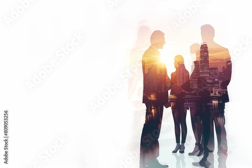 Silhouettes of business people shaking hands and standing in a group with a city background, double exposure photography Generative AI photo