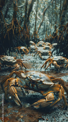 Vibrant Mangrove Biodiversity: Photo Realistic Crabs Scuttling Through Muddy Forest Floor