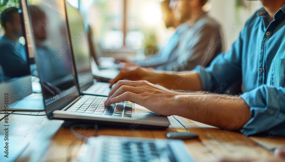 A man is typing on a computer keyboard in front of a computer monitor by AI generated image A man is typing on a computer keyboard in front of a computer monitor by AI generated image