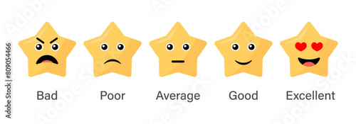 Rating emoji stars set with bad poor average good and excellent ratings with text for customer experience in unique style. Vector rating emoji set.
