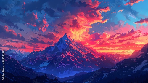 The mountains are blue and the sky is orange