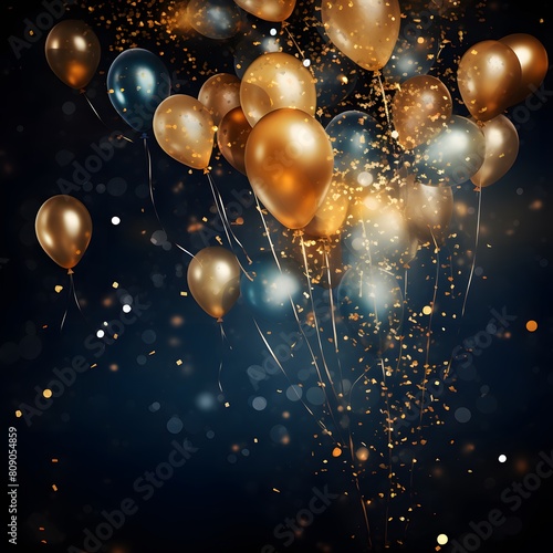 Celebration background with confetti and gold balloons. Generative AI.