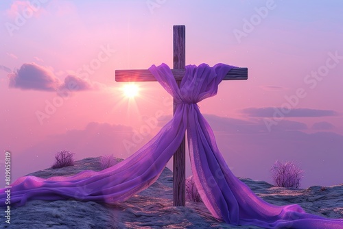 Luxurious Purple Cloth Adorning Monumental Wooden Cross: 3D Illustration