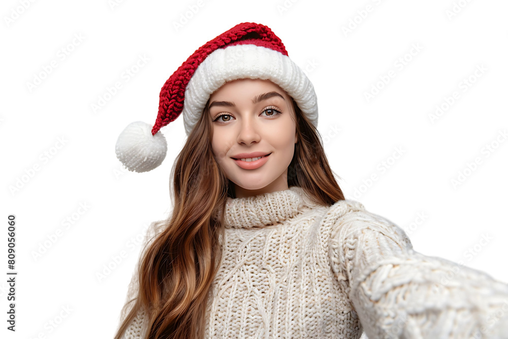 Woman in santa hat and sweater makes selfie on isolated transparent background Woman in santa hat and sweater makes selfie on isolated transparent background